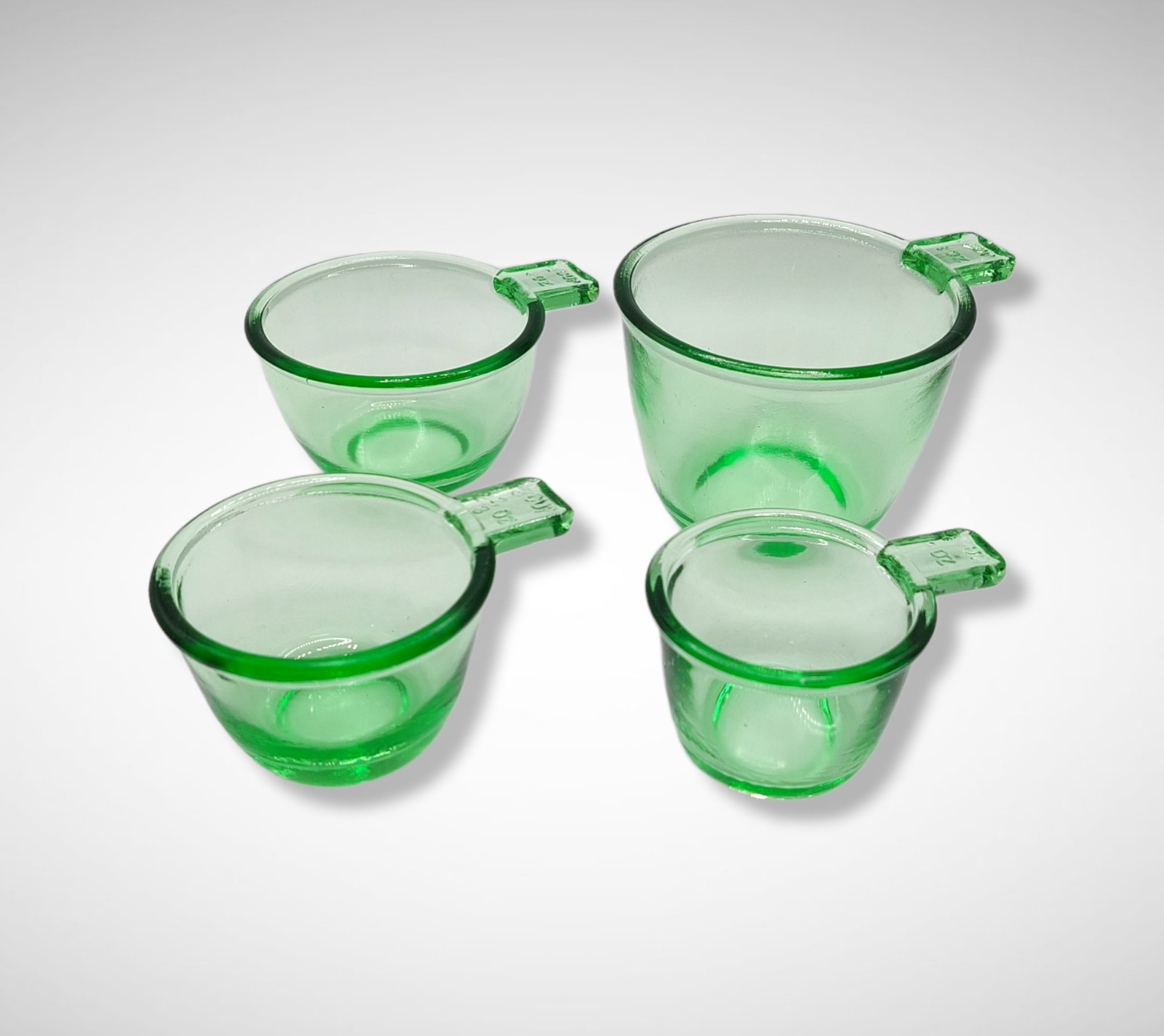 GREEN DEPRESSION STYLE GLASS 4 PC NESTING MEASURING CUP SET, Vintage, Bowl, Dish
