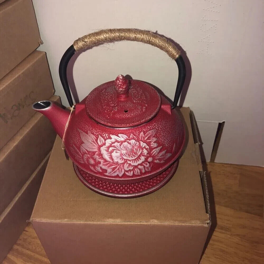 Cast iron japan tea pot red flower w/ trivet for serving only Ships from USA