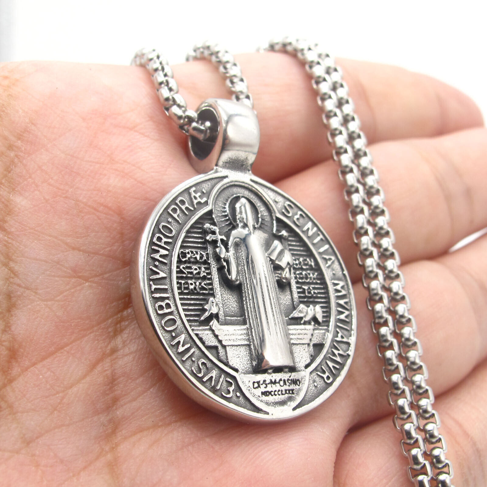 Saint St Benedict Medal Necklace Pendant Stainless Steel Crucifix Cross Exorcism