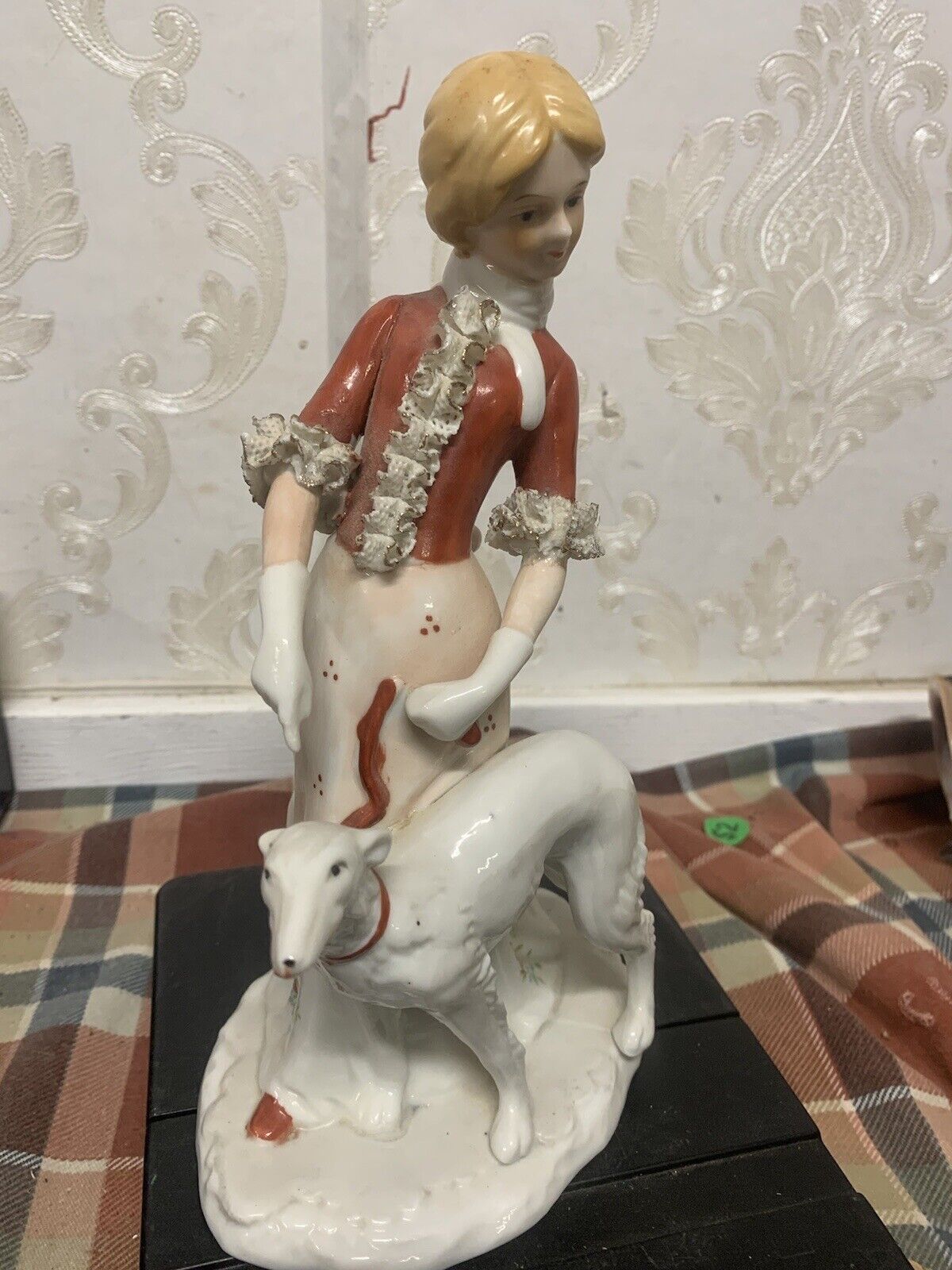 Beautiful Vintage 1970's Woman with Dog Figurine Statue 9x6