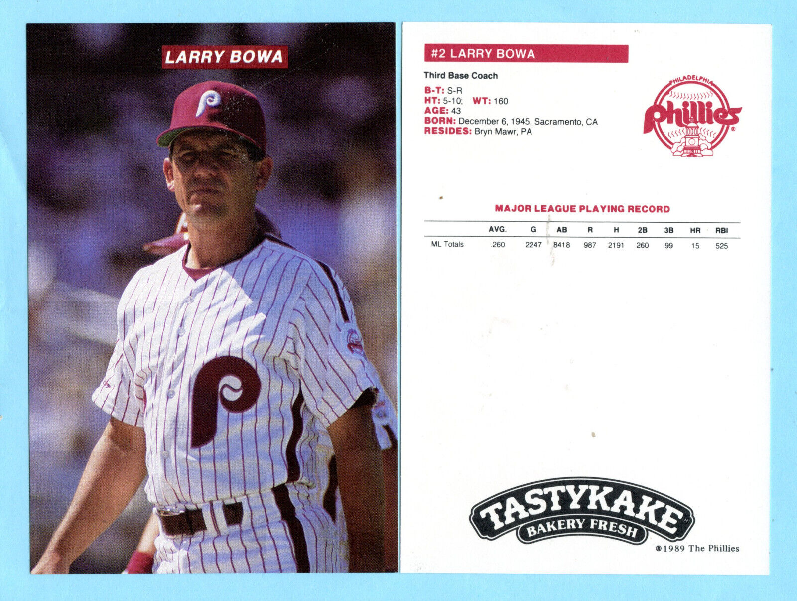 1989 Tastykake Phillies Postcard # 2 Larry  Bowa  Box 710