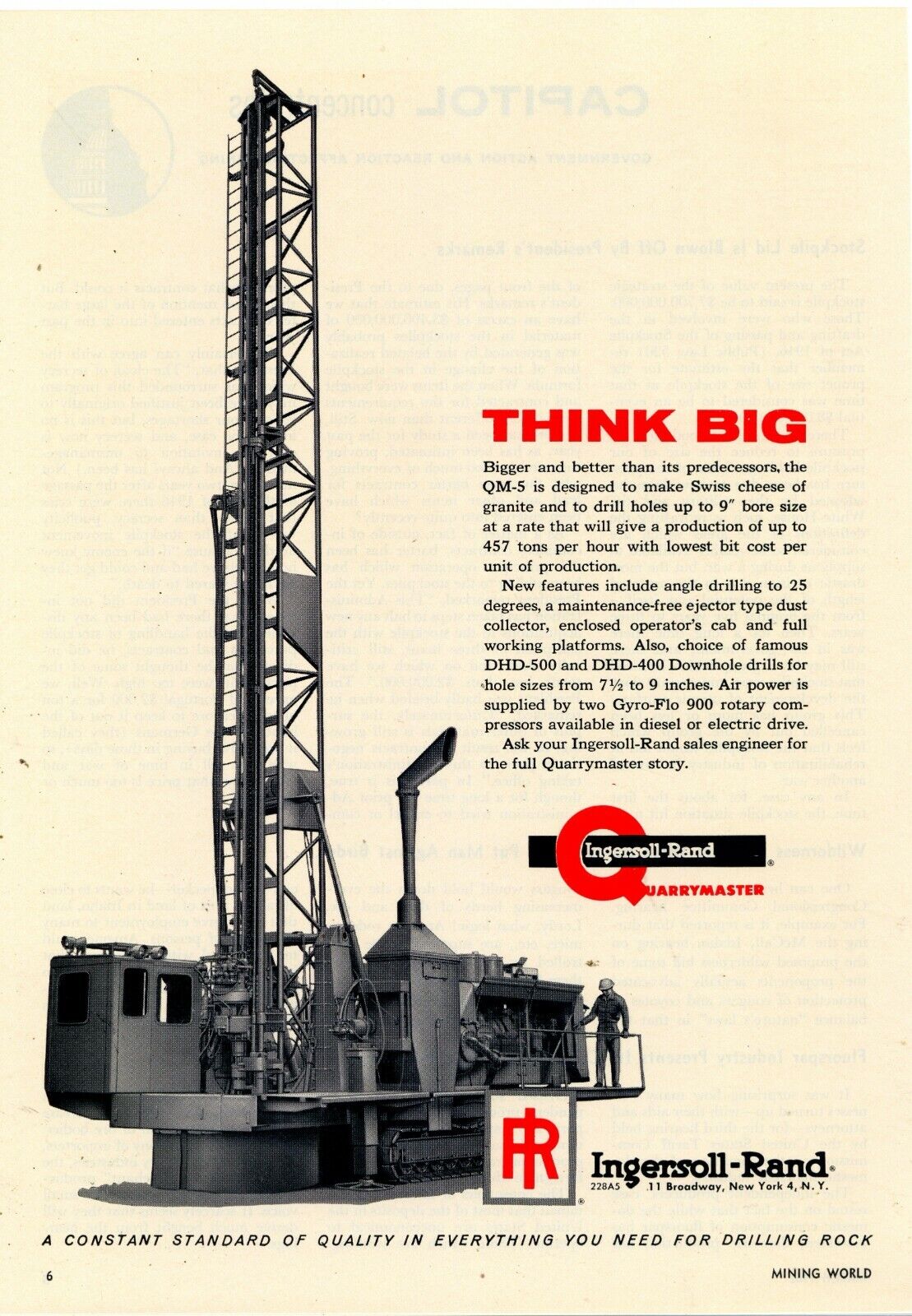 1962 Ingersoll Rand Ad: QM-5 Quarrymaster Rock Driller - Rock to Swiss Cheese