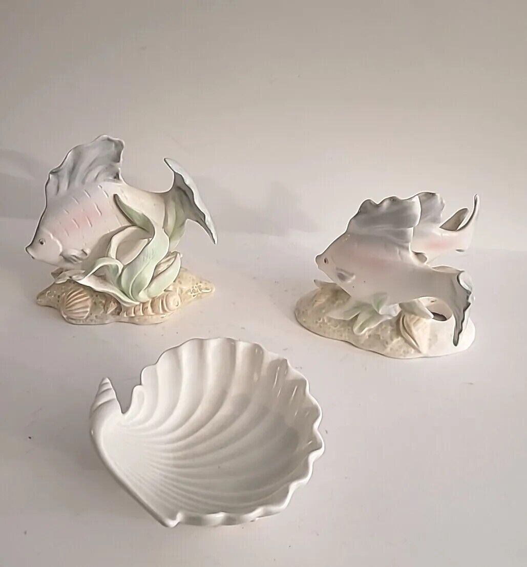FITZ AND FLOYD FISH Swimming Figurines Candle Holders and Shell