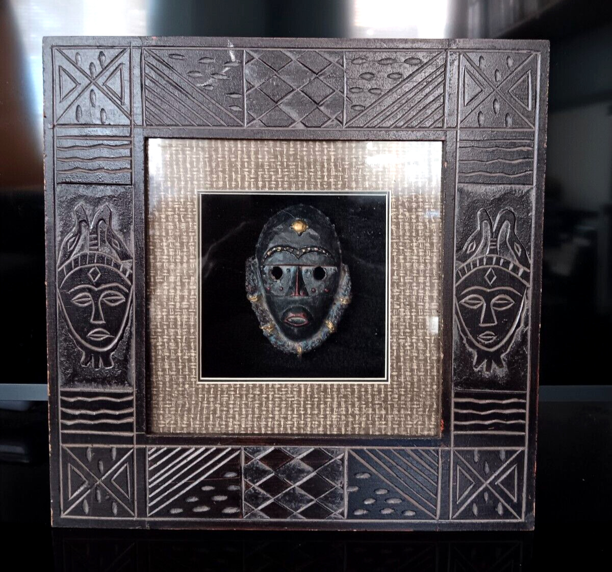 African Vodoo Mini Mask Framed Tribal Wall Art Shadow Box Vintage Wood Carved