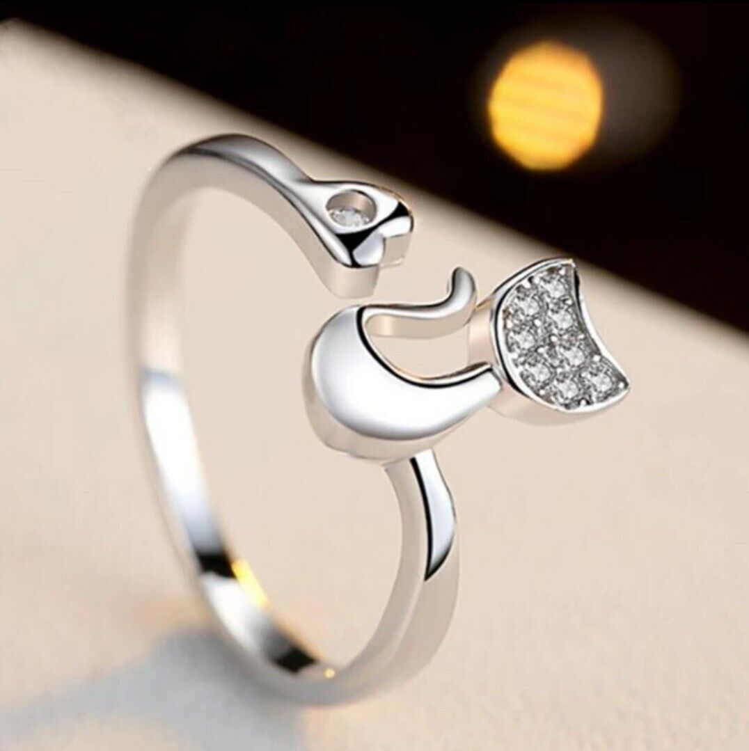 Women's Fashion Jewelry Adjustable Cat Ring Silver Color Girlfriend Gift 53-4