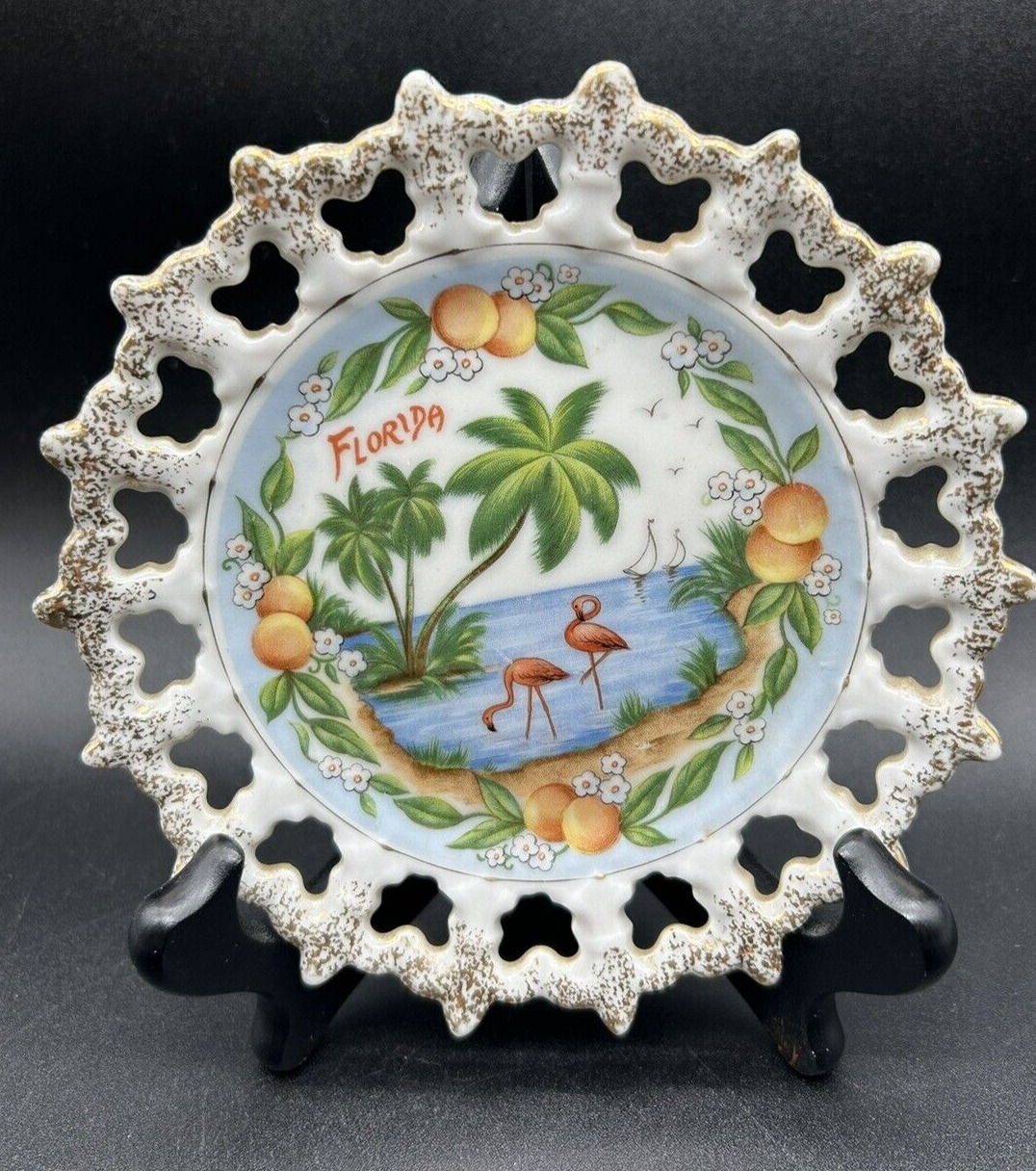 Vtg. 6-Inch Florida Souvenir Plate w/ Gold Trim, Flamingoes, Palms, Citrus
