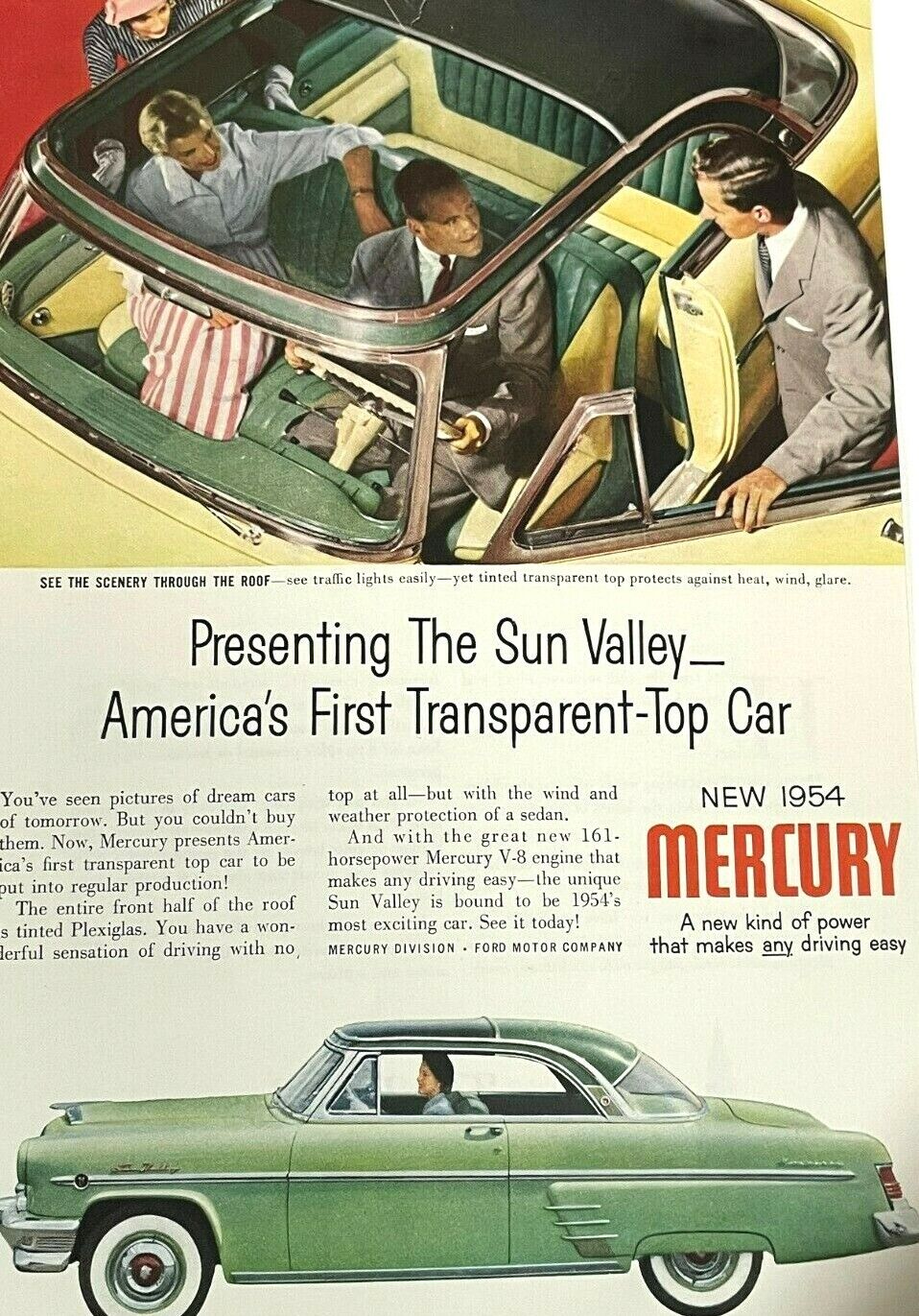 Vintage Print Car Ad 1954 Ford Mercury Sun Valley Top Sun Moon Roof