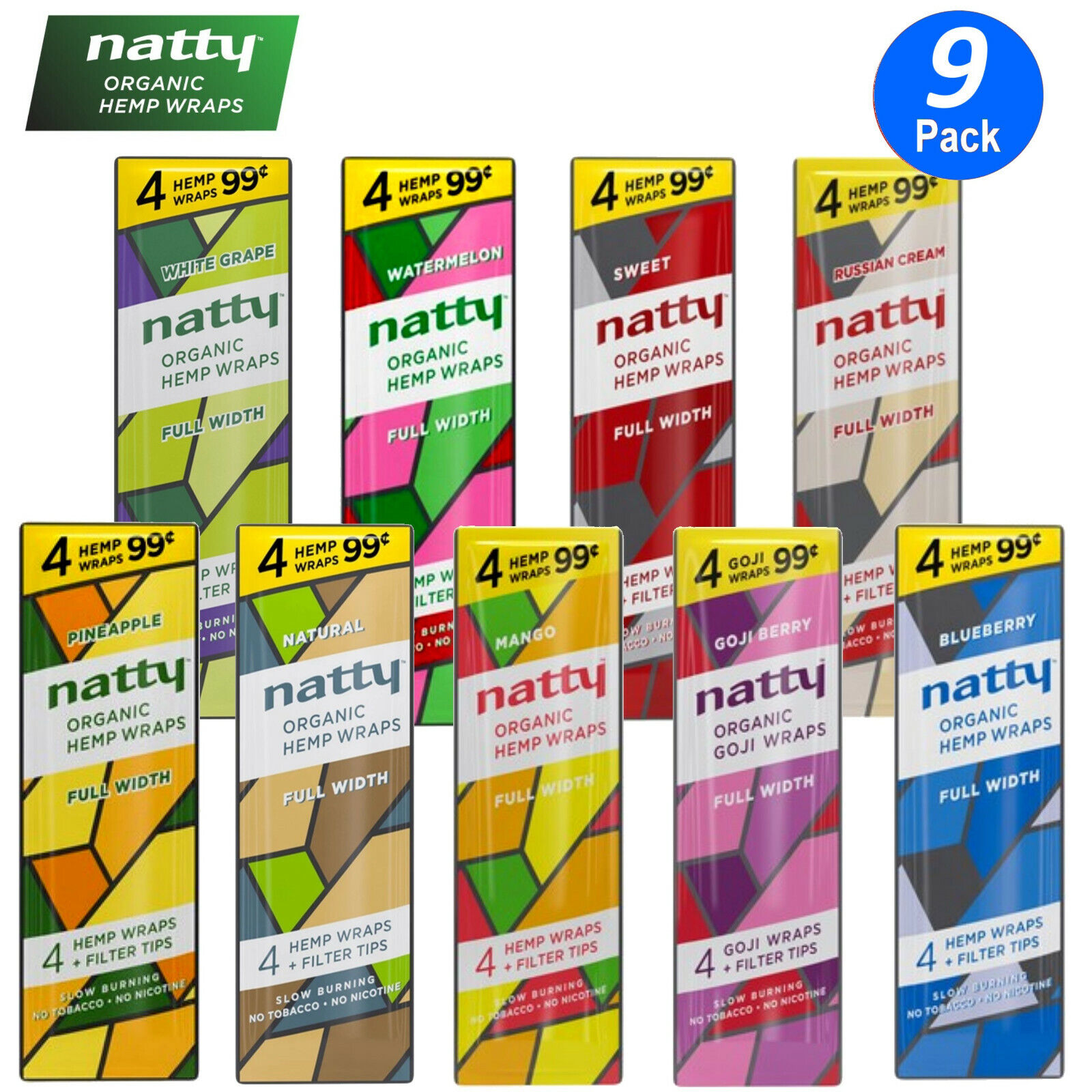 NATTY Organic Flavored Full-Width Herbal Wraps Variety Sampler 9/4CT Packs 36PC