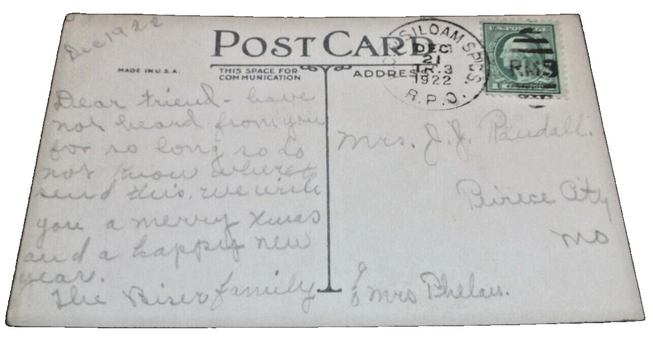 1922 KANSAS CITY SOUTHERN KCS KANSAS CITY & SILOAM SPRINGS RPO HANDLED POST CARD