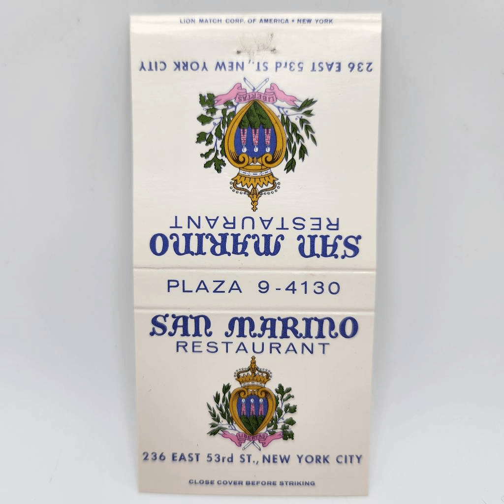 Vintage Matchcover San Marino Restaurant New York City