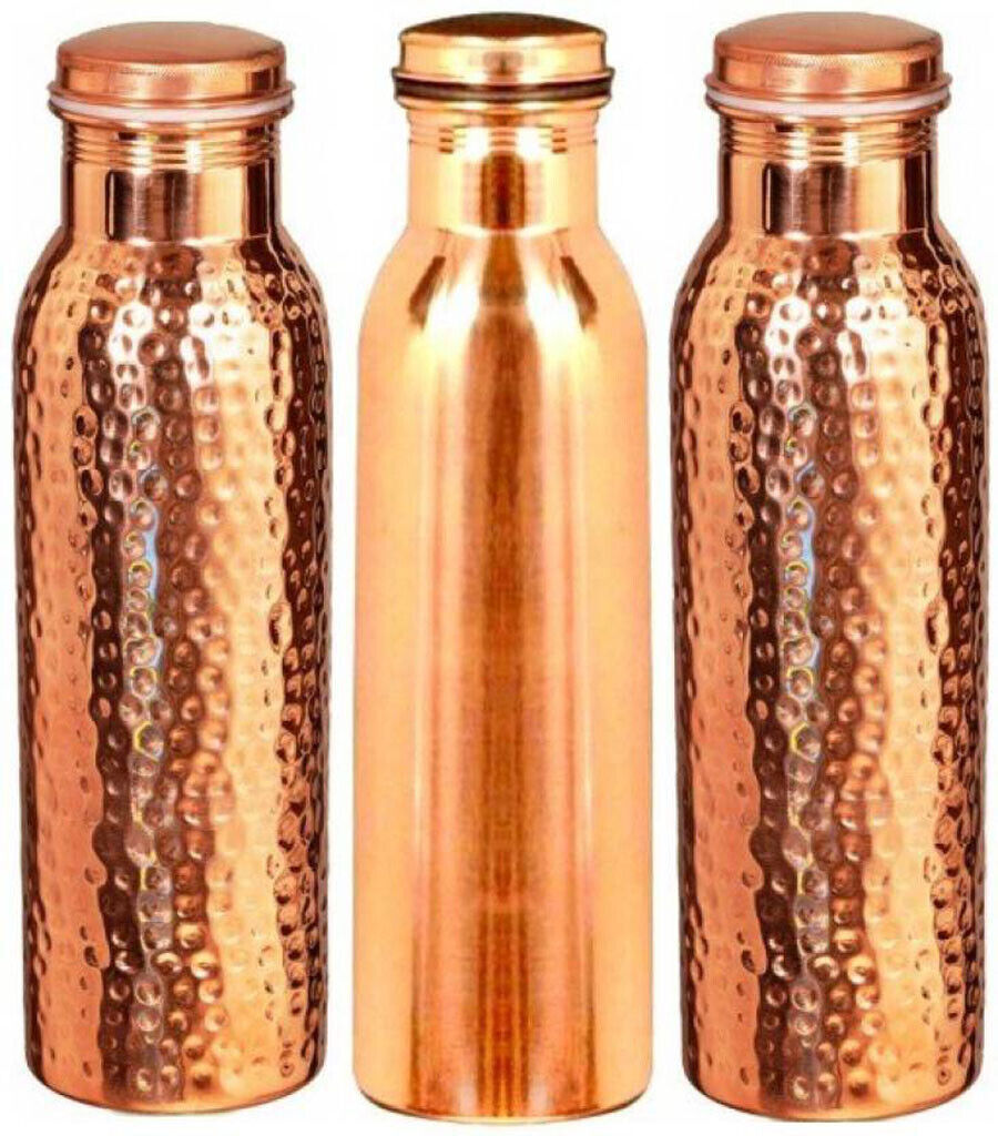 Set of 3 100% Copper Bottle 1000 Ml 1 Plain+ 2 Hammered Water Storage Pithcher