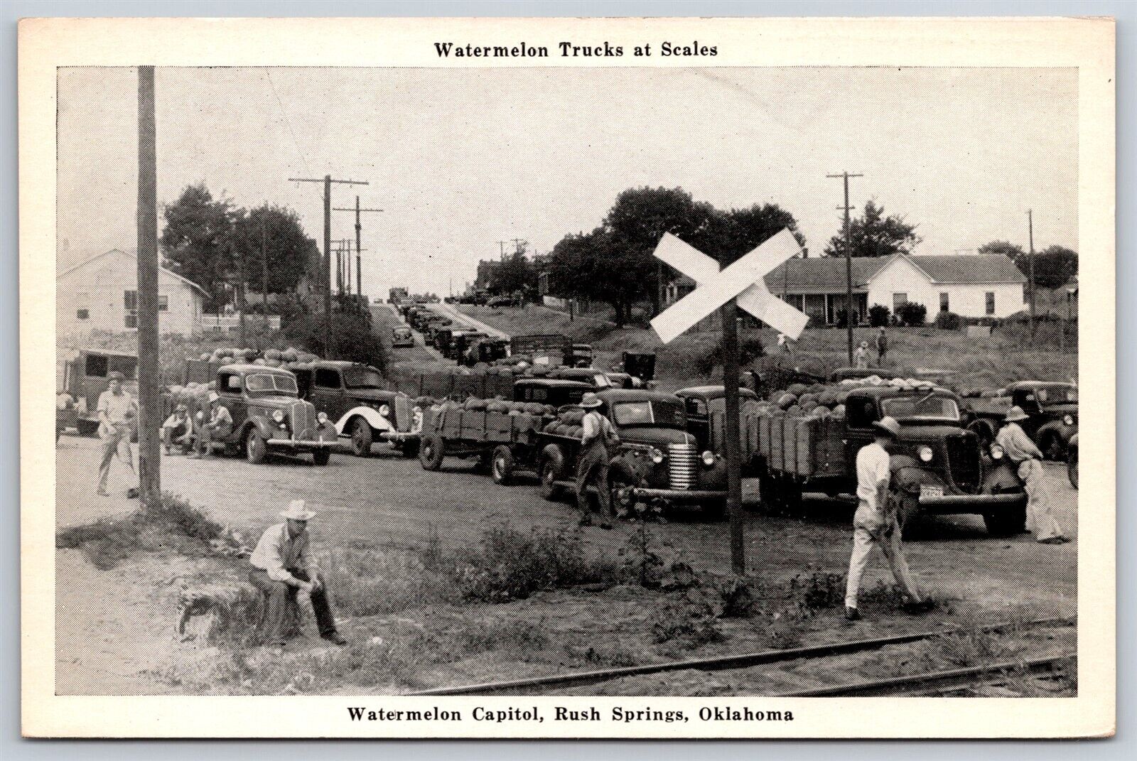 Postcard Rush Springs OK Oklahoma Watermelon Capitol Trucks At Scales c1940s AT1