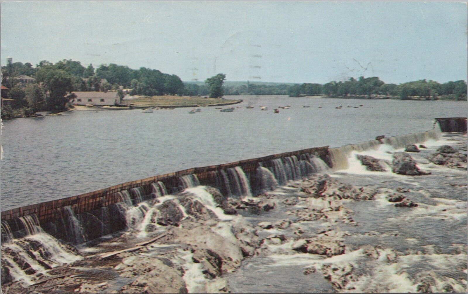 Merrimac River Dam Lowell Mass Plastichrome Postcard Posted 1961