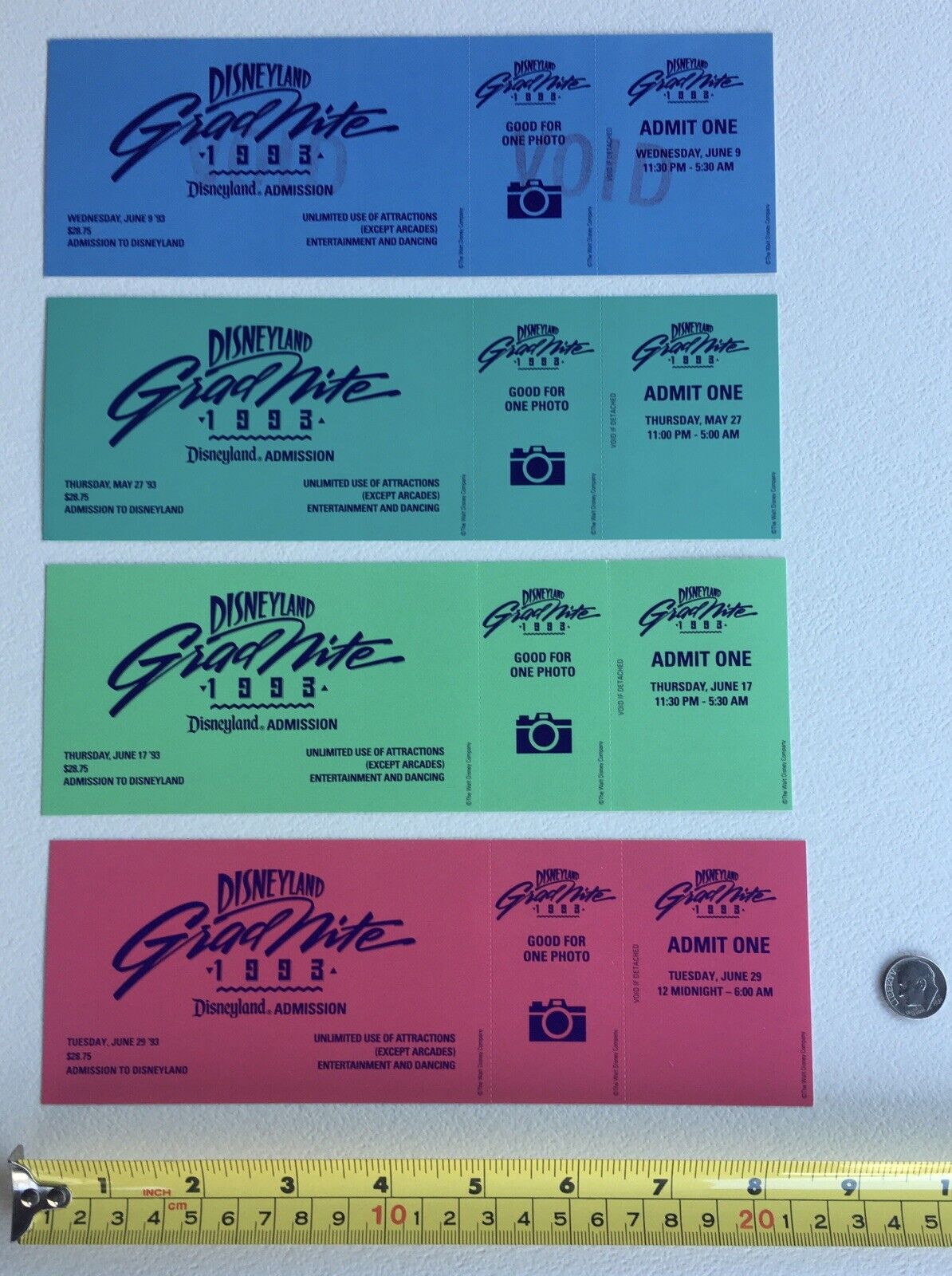 Vintage 1993 Disneyland Grad Nite Tickets with Admission and Photo Stubs