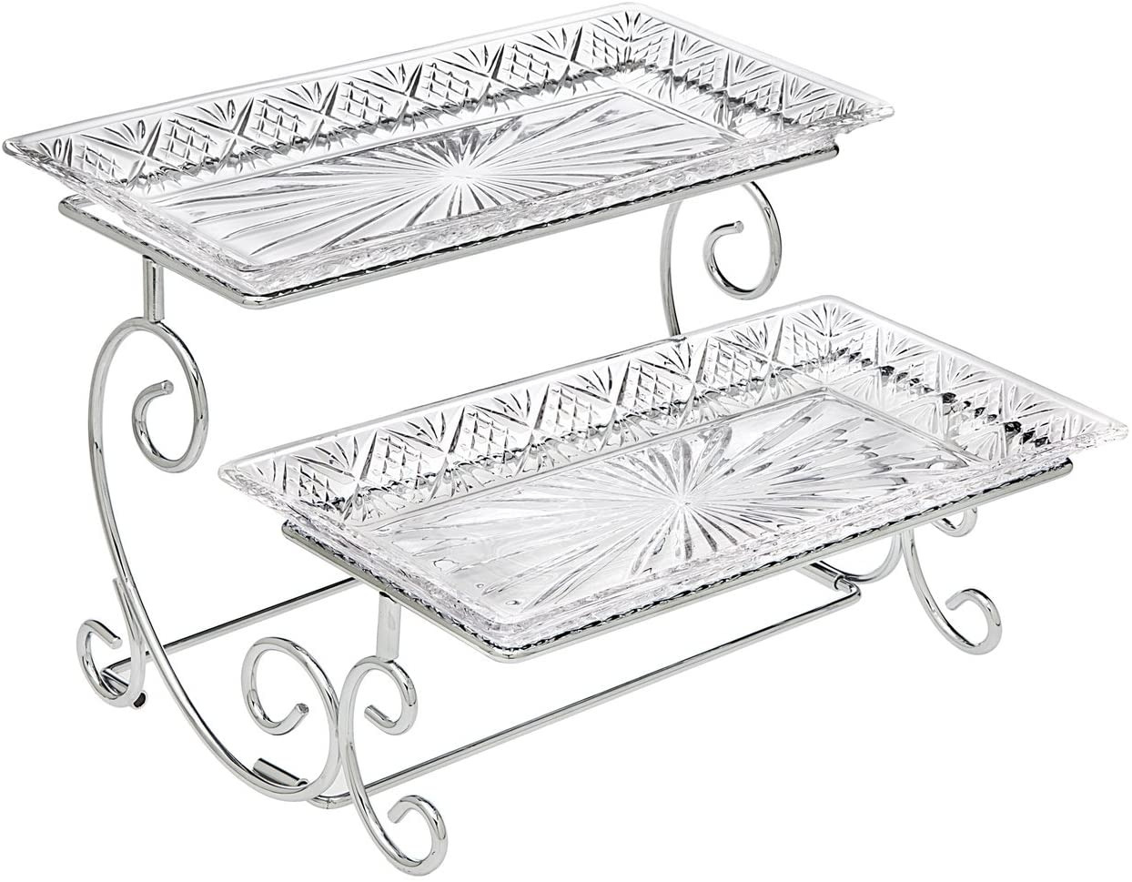 2 Tiered Glass Buffet Serving Tray Chrome Plated Platter Stand With Starburst 