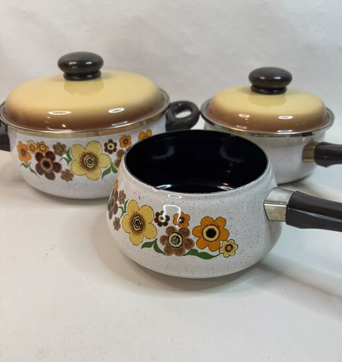 Vintage 70s Harvest Blossom Porcelain Enamel Cookware 5 PC Set Pot Pans