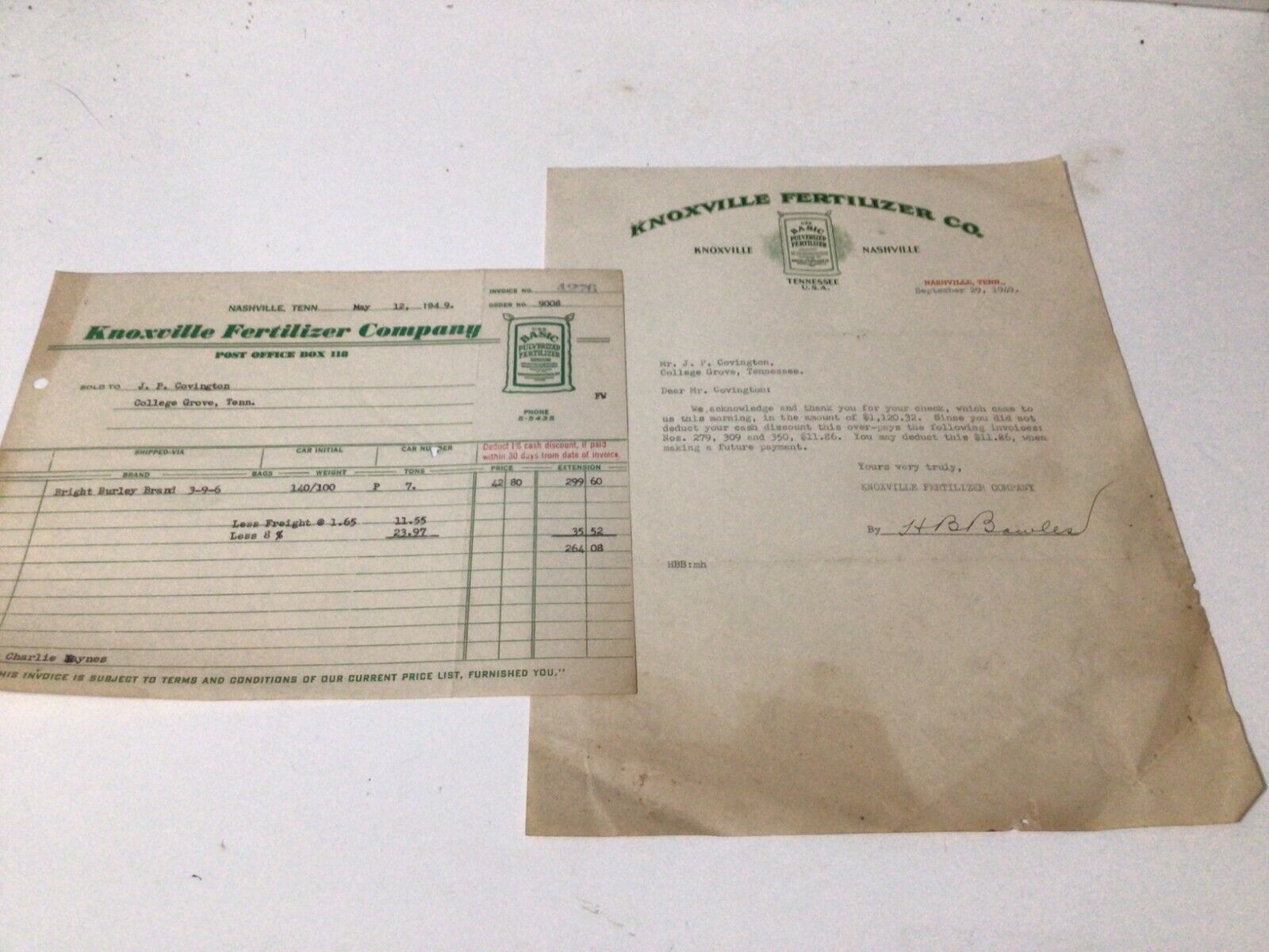 Knoxville Fertilizer Co. Letterhead & Invoice, Nashville, Tenn. 1949 Agriculture