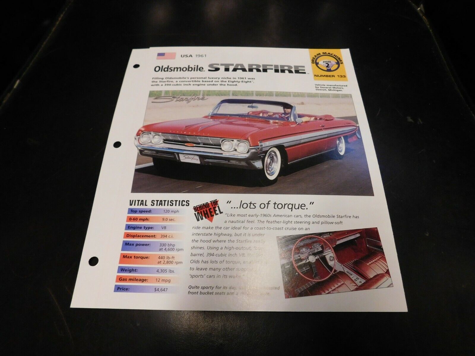 1961 Oldsmobile Starfire Spec Sheet Brochure Photo Poster