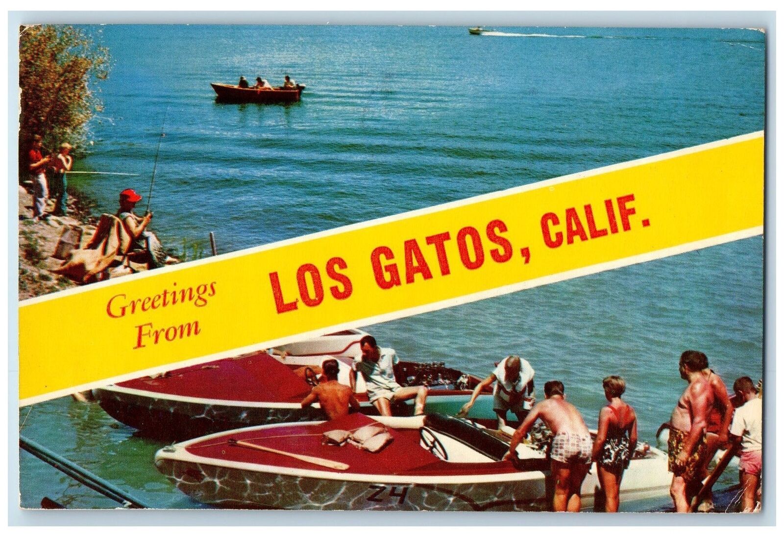 1963 Greetings From Los Gatos Speedboat Boating Fishing California CA Postcard