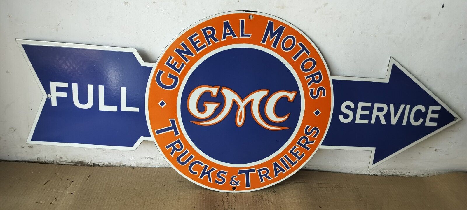 Gmc General Motors Trucks trailers  Porcelain Enamel Sign  40 x 16.5 Inches