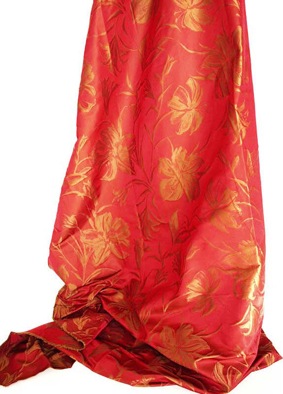 100% Silk Damask. New, Ruby Red & Bronze Drapery Fabric. Floral Jacquard