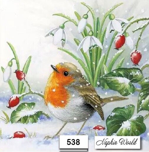 (538) TWO Individual Paper Luncheon Decoupage Napkins - ROBIN BIRD SNOW WINTER