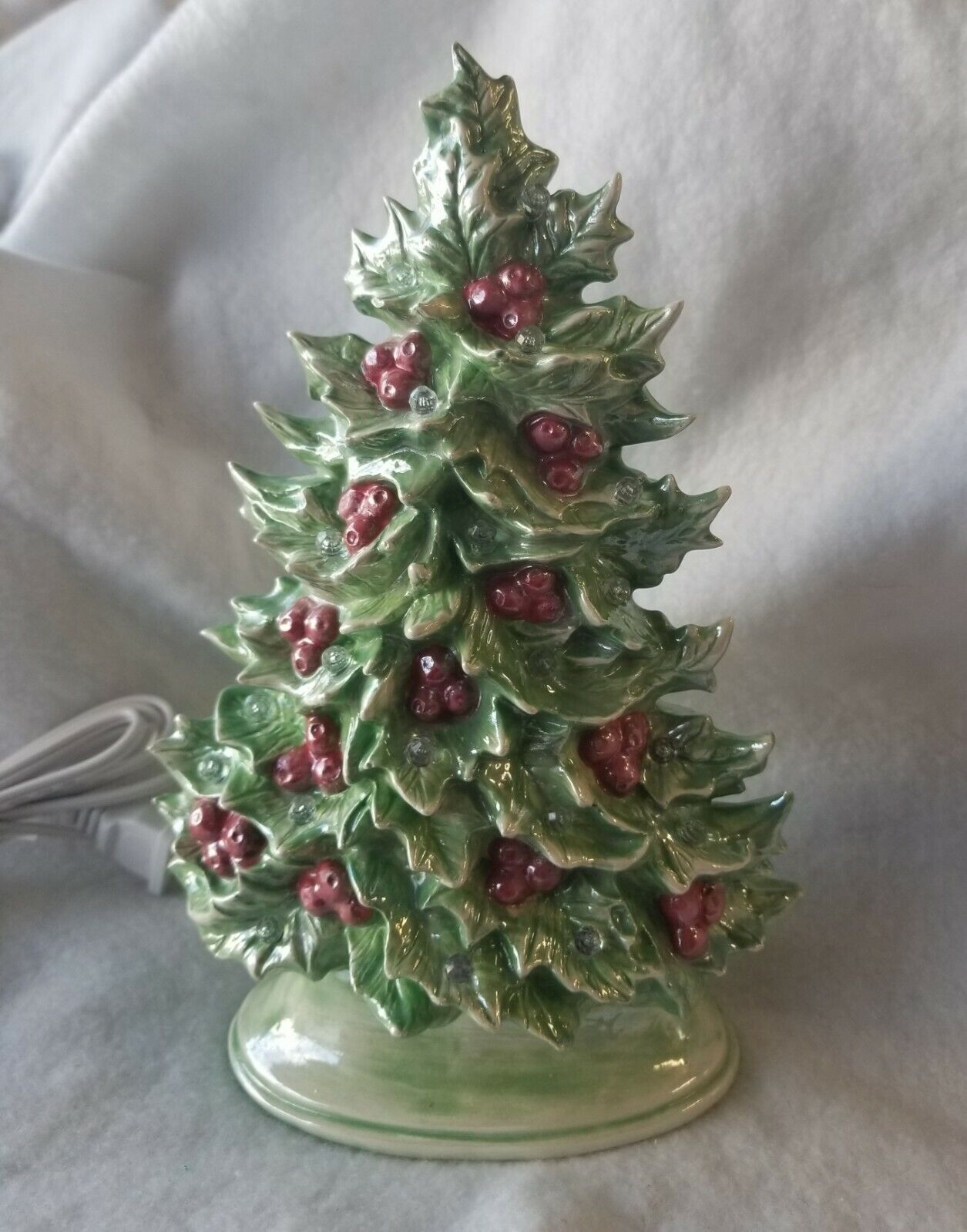 Ceramic Christmas Tree Made from a Vintage Mold Green with Red Berries pearled..