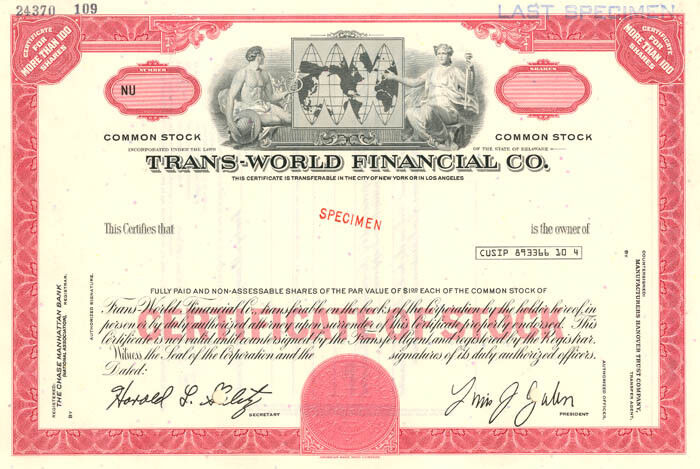 Trans-World Financial Co. - Specimen Stocks & Bonds