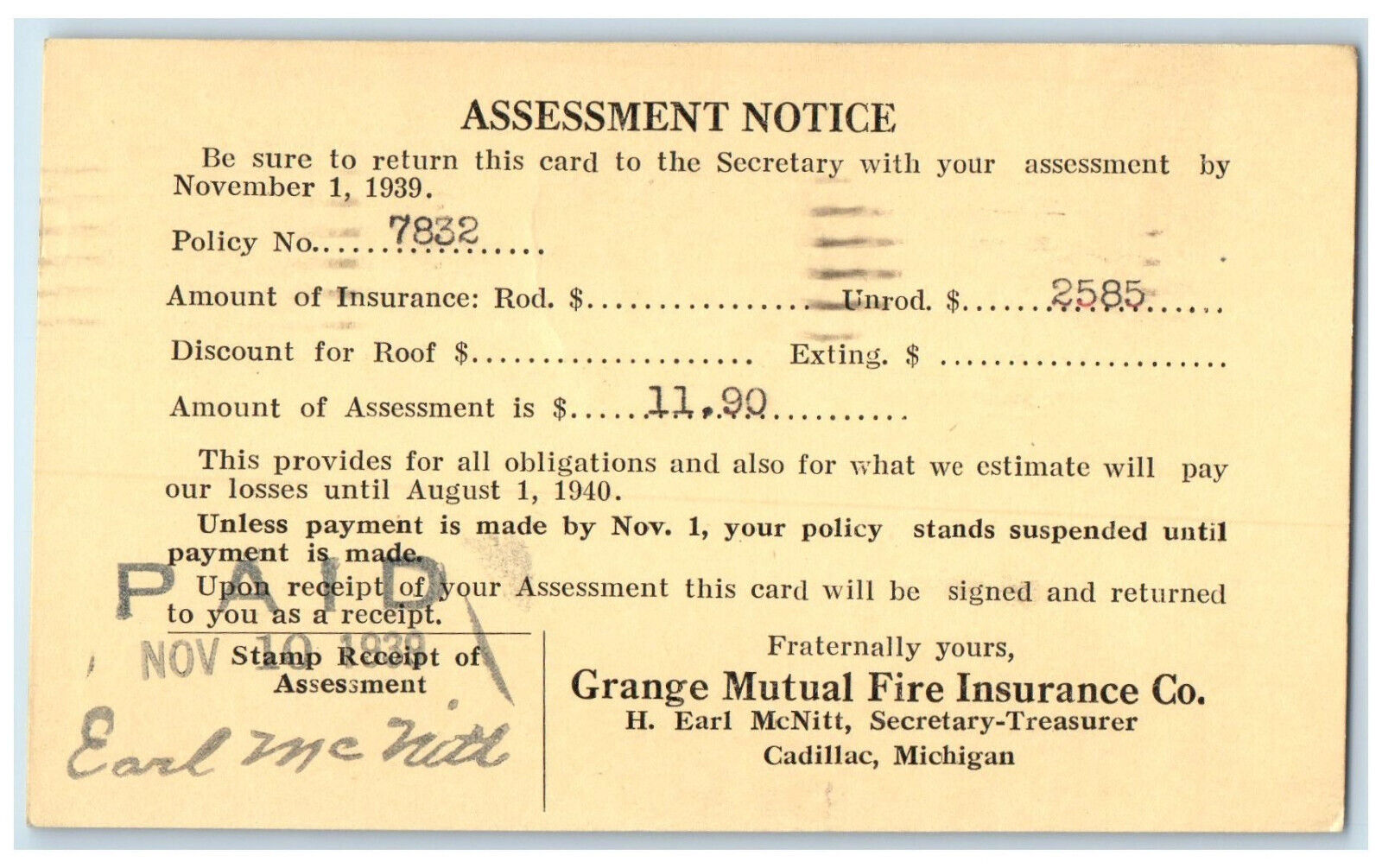 1939 Grange Mutual Fire Insurance Co. Cadillac Michigan MI Postal Card