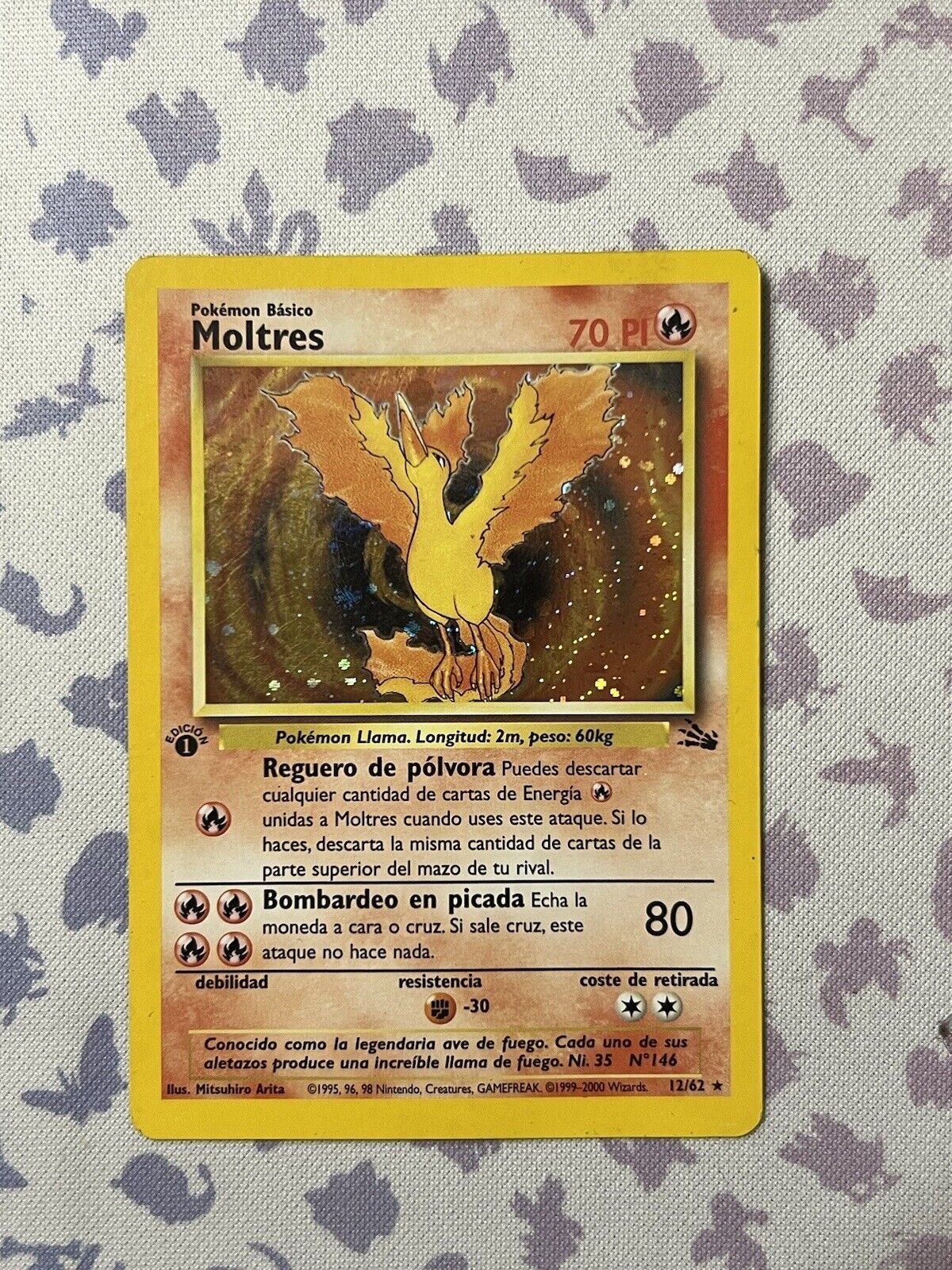 Moltres 1st Edition 12/62 Fossil Set Rare Holo Pokemon Card Near Mint Spanish