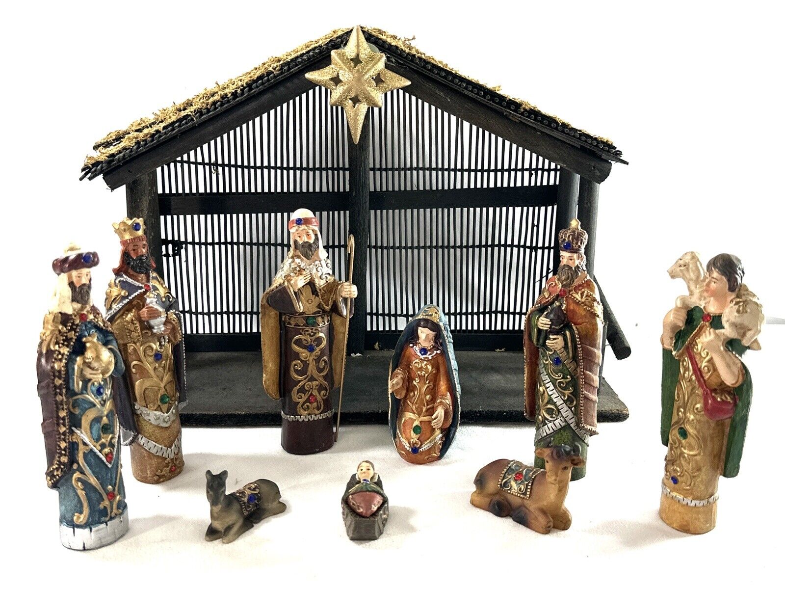 Vintage Rare 10 Piece Hand Painted Jeweled Resin Nativity Set With Wood Stable