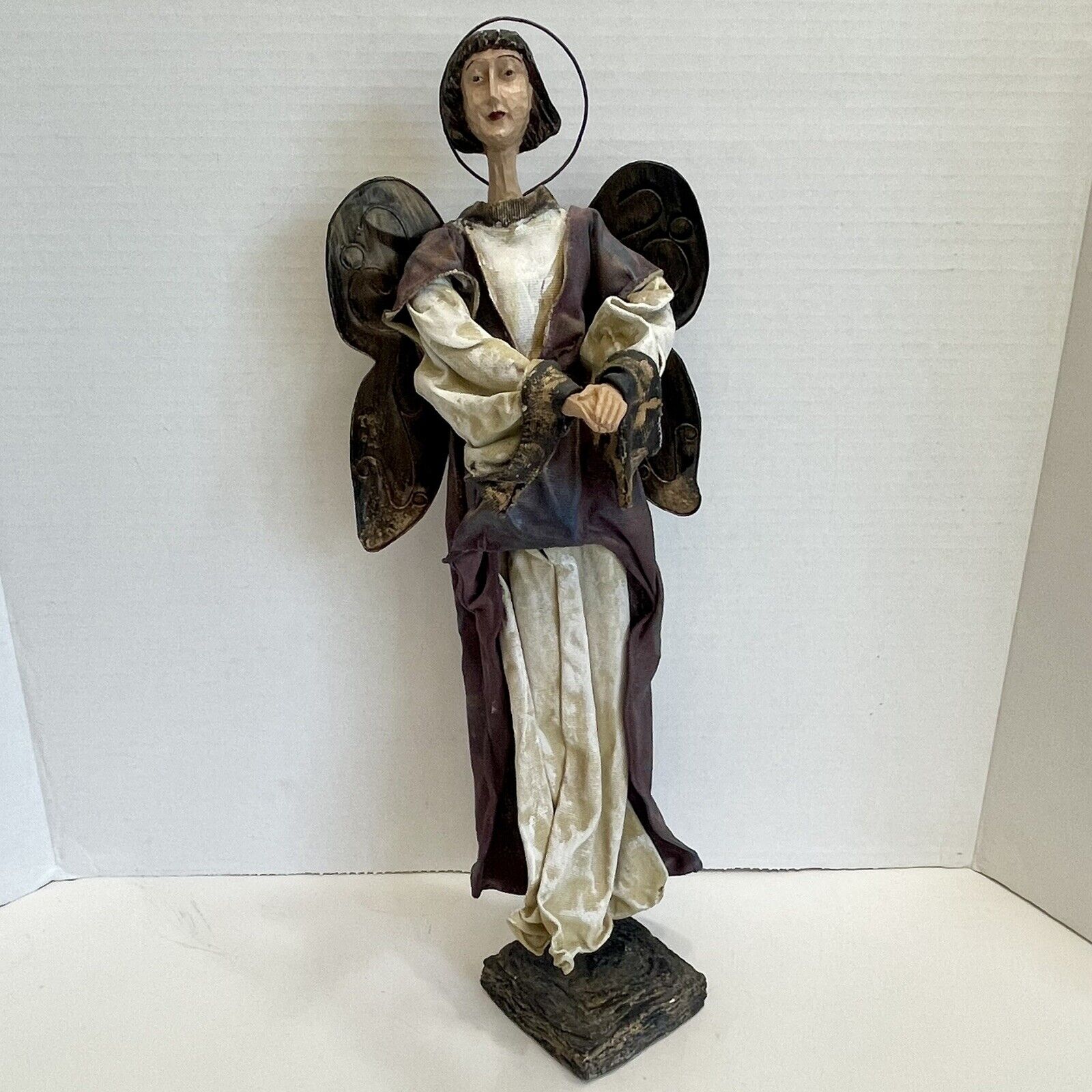 Tall handcarved ANGEL Figurine/Statue Old Wire halo Paper-Mache gown Metal Wings