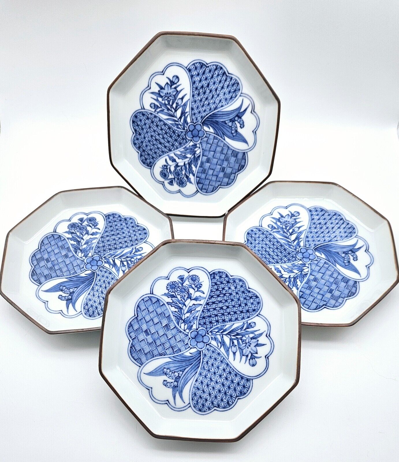 Four Vintage Japanese Porcelain Blue & White Floral Signed Footed Plates