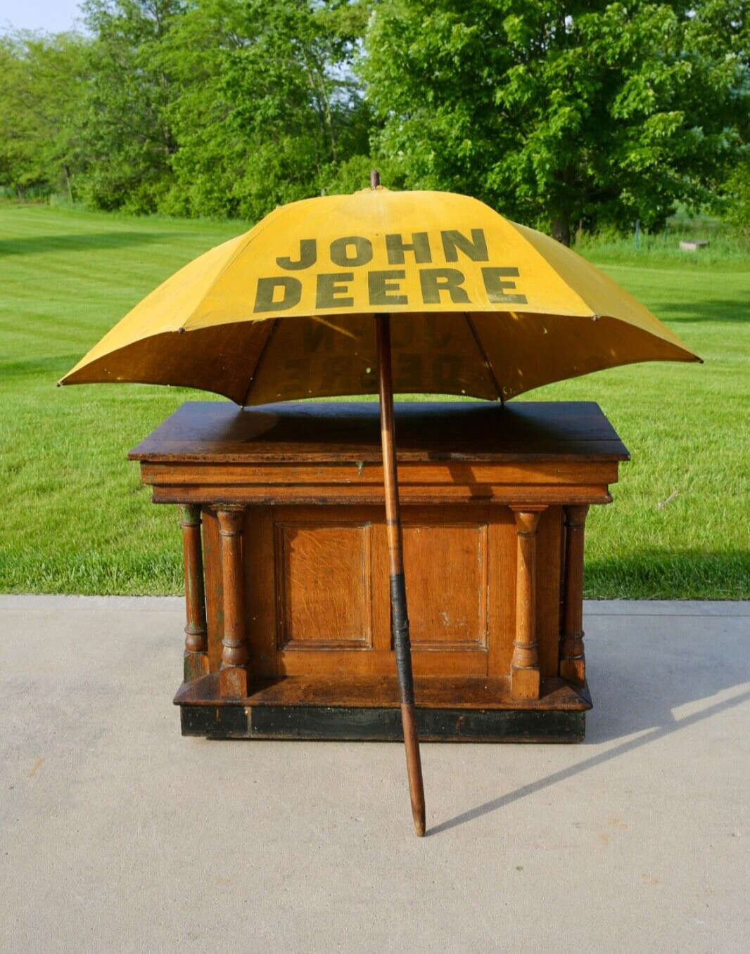 Vintage John Deere Tractor Canvas Umbrella yellow farm advertising wood antique