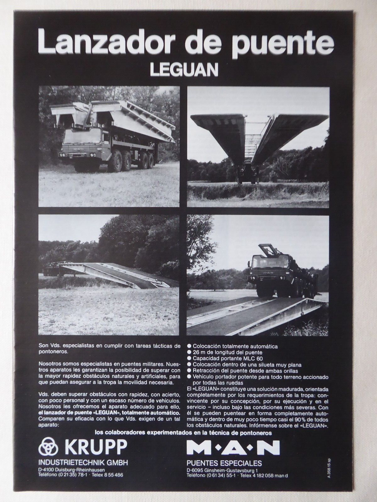 5/1985 PUB KRUPP MAN BRIDGE BRIDGE LEGUAN ARMY TRUCK ORIGINAL SPANISH AD