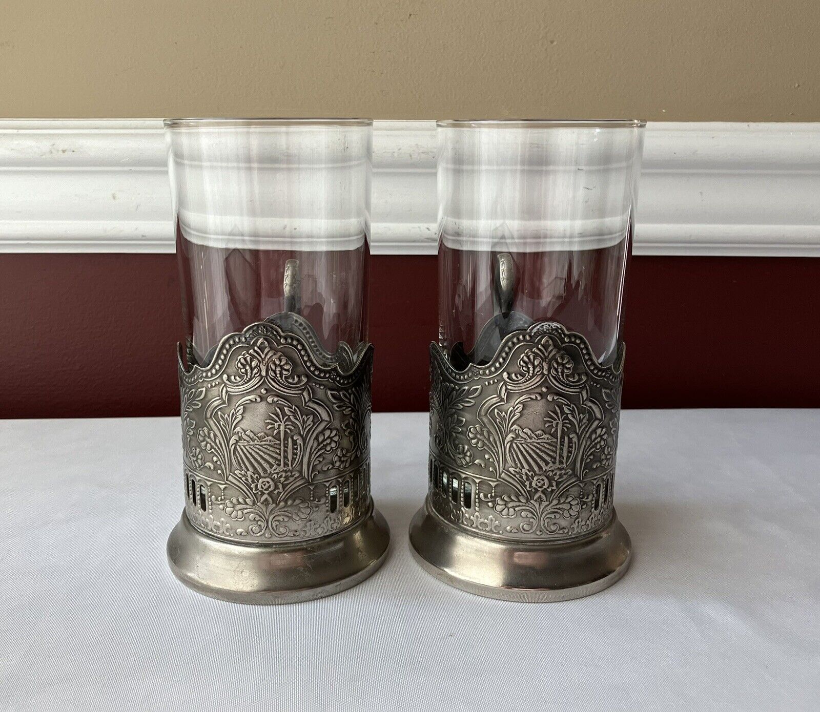 Pair of VTG Russian Tea Glass Metal Holders With Glasses, Marked, 5 1/2\