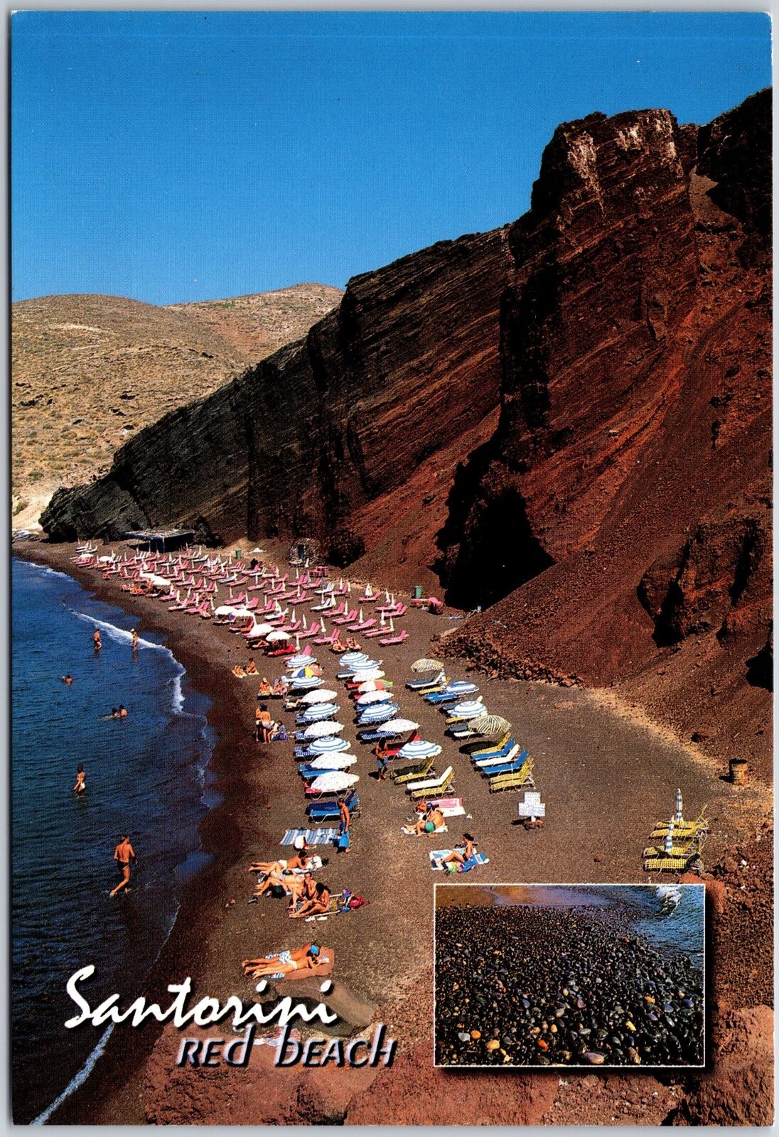 Santorini Red Beach Greece Umbrellas Mountain Postcard