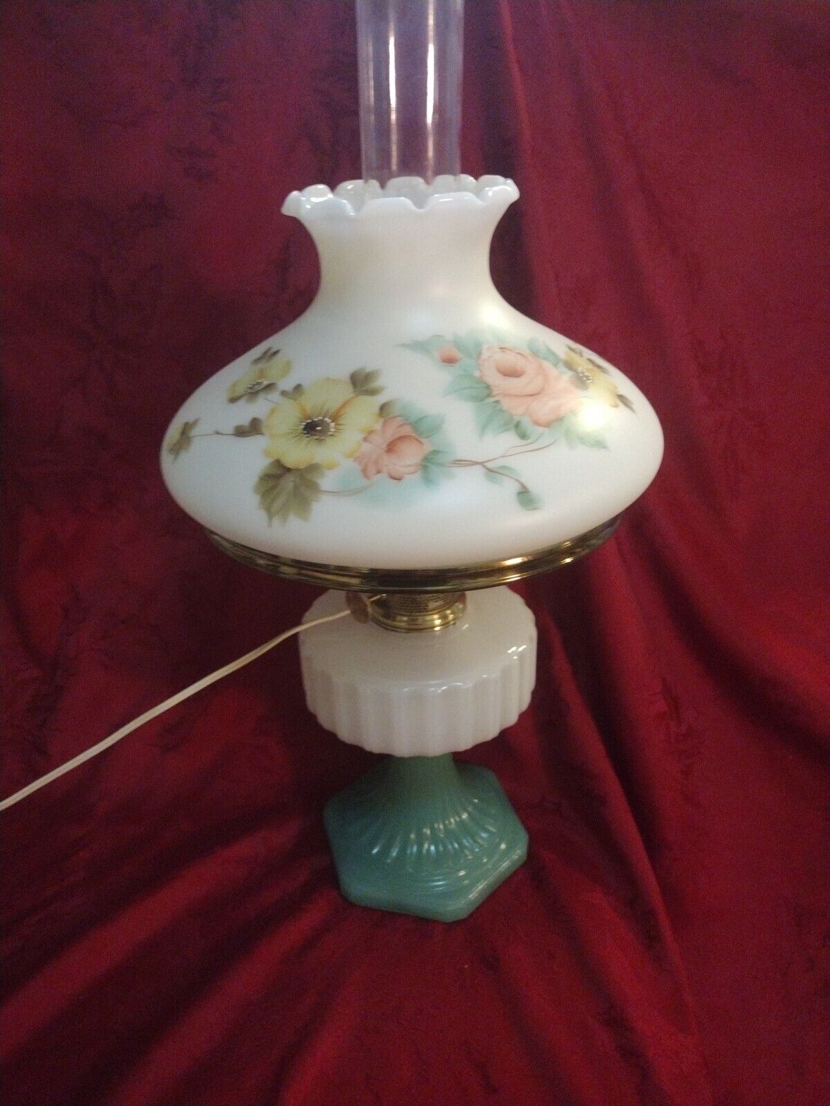 Aladdin Model B Cathedral Lamp Jade Green & White Moonstone Floral Shade