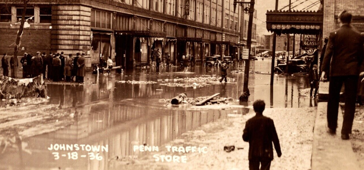 c1936 RPPC Flood Damage Penn Traffic Store Old Cars JOHNSTOWN PA VTG Postcard