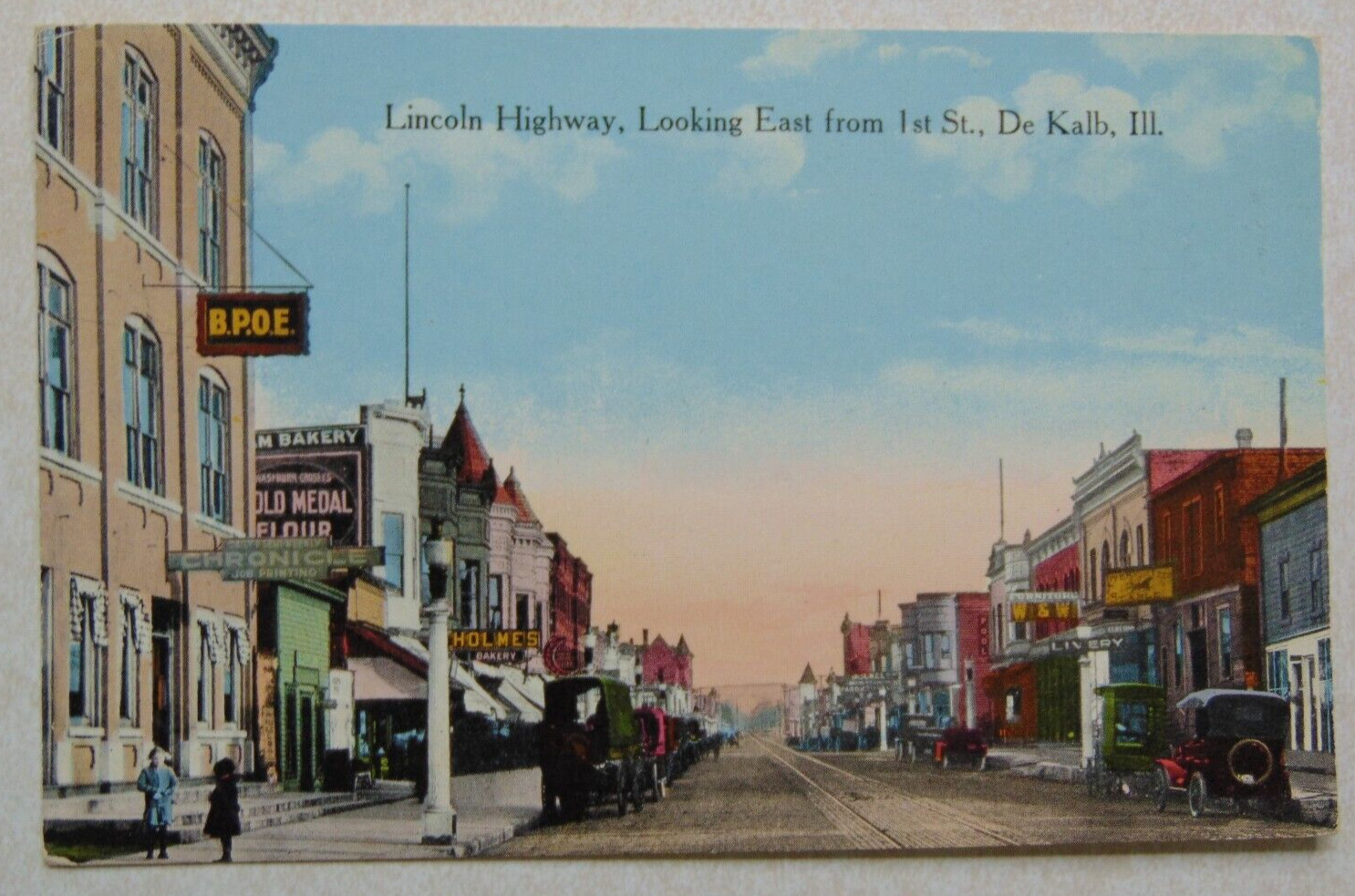 D2438 Postcard DeKalb IL Illinois Lincoln Highway east from 1st St Street Scene