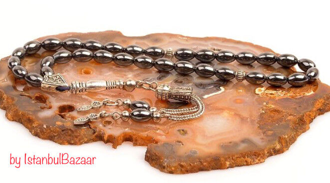 REAL Hematite Stone Islamic Prayer 33 beads Tasbih Misbaha Rosary Tasbeeh 5x8mm