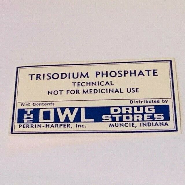 Pharmacy label ephemera paper WW1 drugstore WWI Owl Muncie Indiana Trisodium vtg