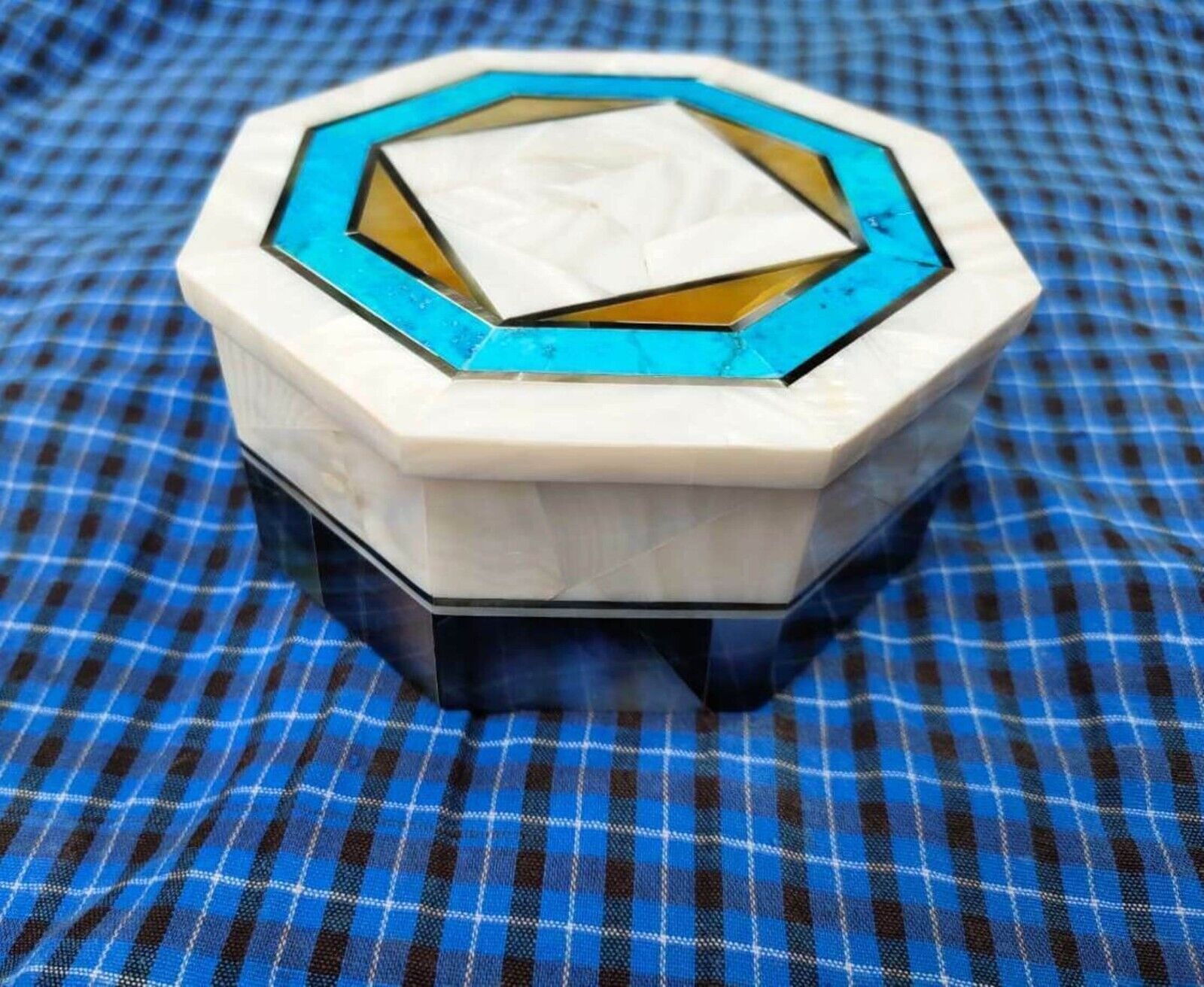 Octagon Marble Trinket Box Gemstone Overlay Work Stationary Box for Study Table