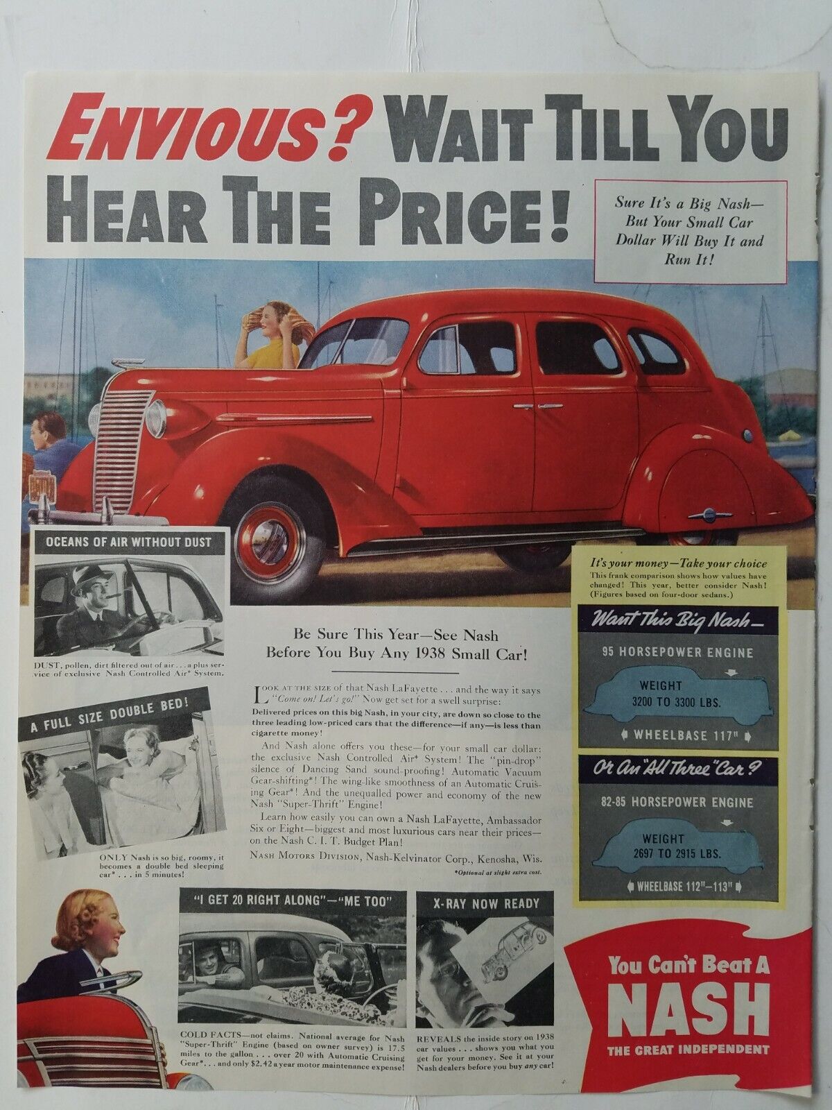 1938 red Nash Lafayette Car wait till you hear the price vintage color ad