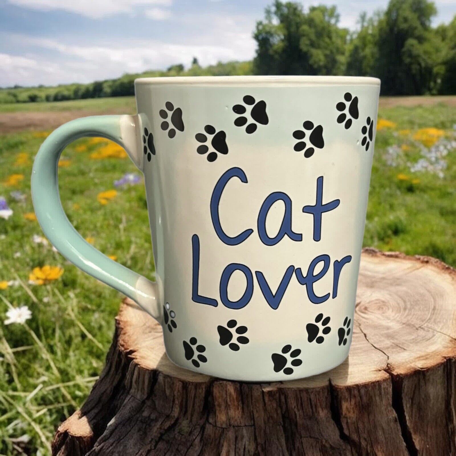 Tumbleweed Pottery Mug CAT LOVER Ceramic Coffee Tea Cup Paw Prints White & Blue