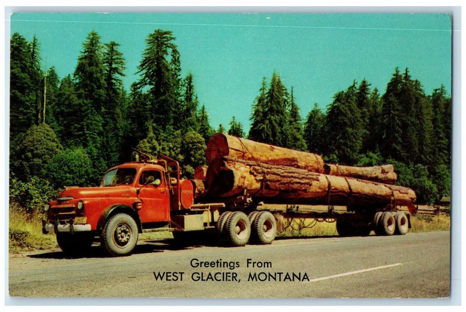 c1960\'s Truck with Tree Log Greetings from West Glacier Montana MT Postcard