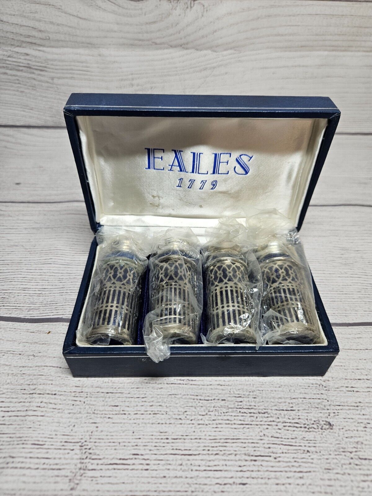 Vintage Cobalt Blue Glass & Silver Plate Salt & Pepper Shakers Eales 1779 w/Box