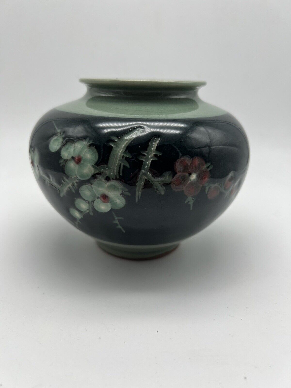 Vintage Floral Ceramic Vase Green and Pink Flowers