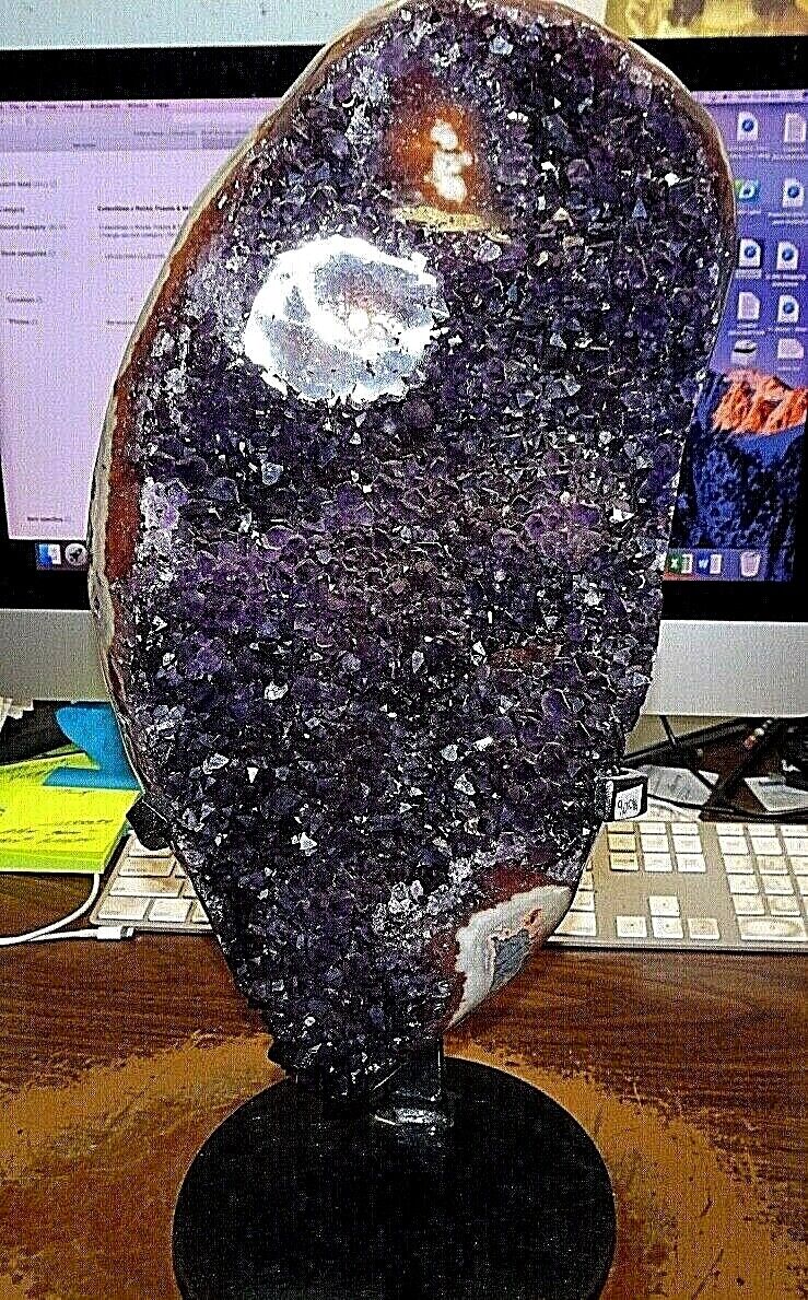  AMETHYST CRYSTAL CATHEDRAL GEODE URUGUAY; CLUSTER STEEL STAND STALACTITE BASE 