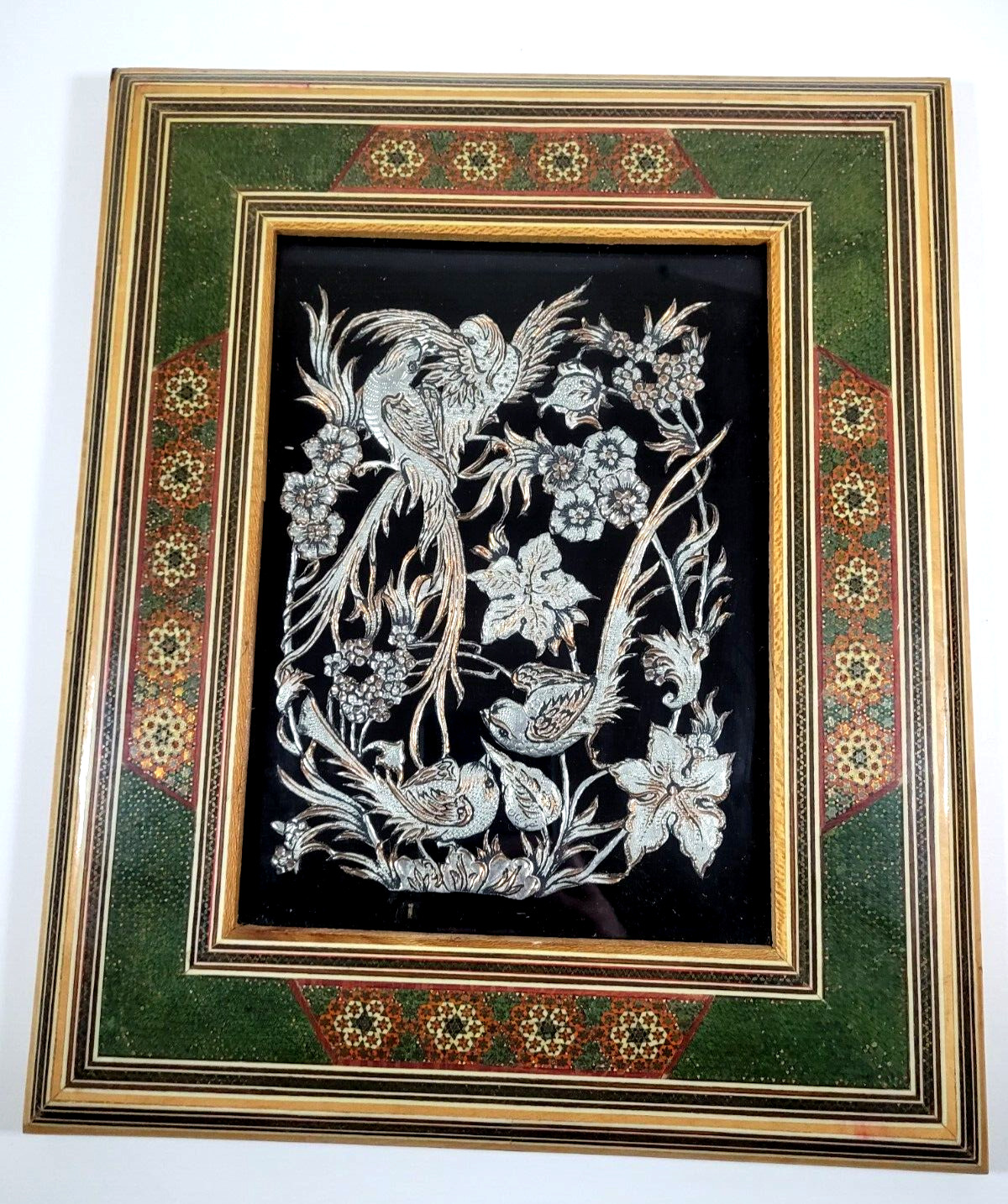 Handmade Persian Wooden Framed Metalwork Birds and Flowers Marguetry 11\